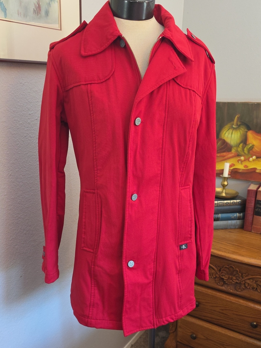 Calvin Klein Red Mid-Length Trench Coat Pockets M